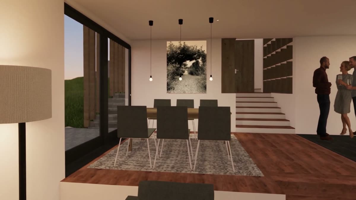 Sixteen seconds in: a stock looking kitchen with three waxy figures, unrelated to the designed interior