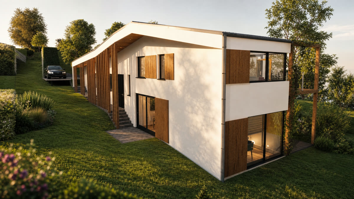 Photoreal still of the house on its grassed slope at golden hour, white render and oak fins, generated by editing the ArchiCAD frame