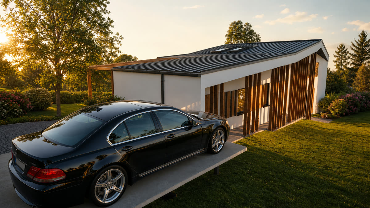 Photoreal still of the carport and driveway with a dark car in front of the timber fin wall