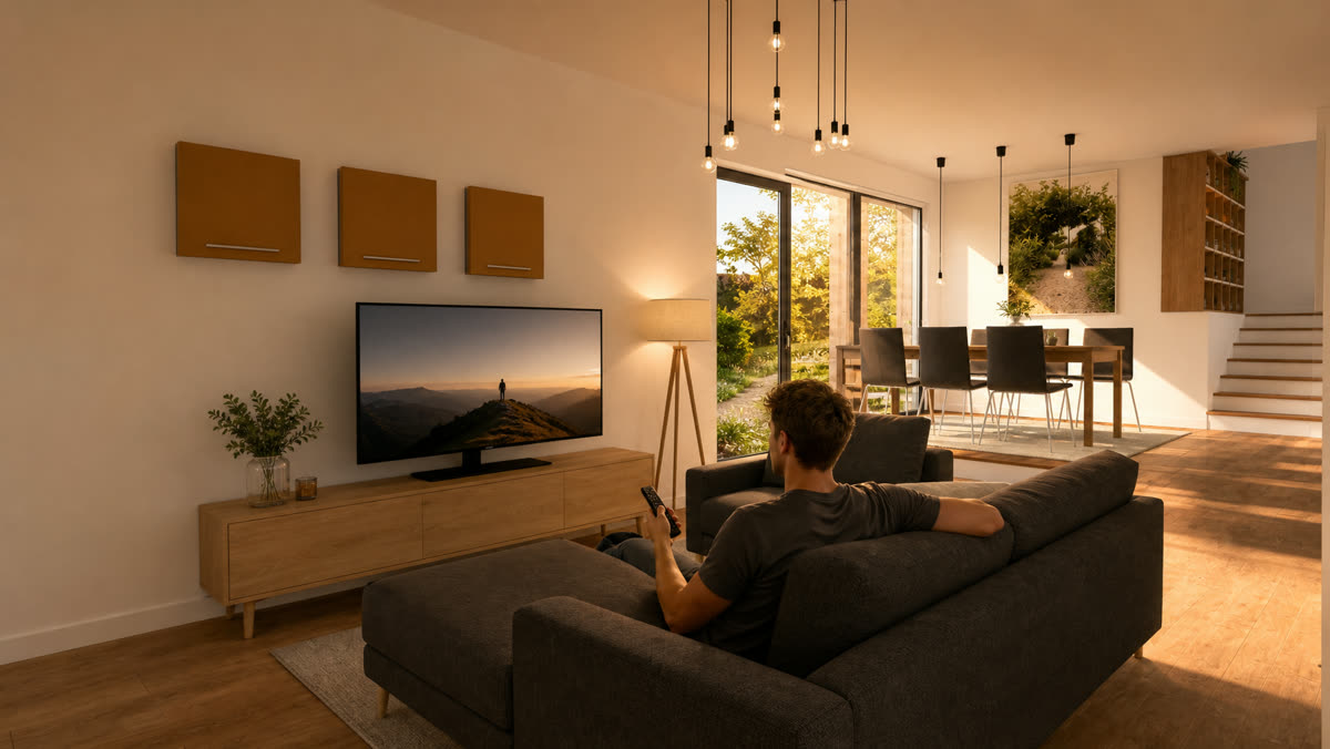 Photoreal still of the living room interior at dusk, warm downlights, sofa facing a television, dining beyond