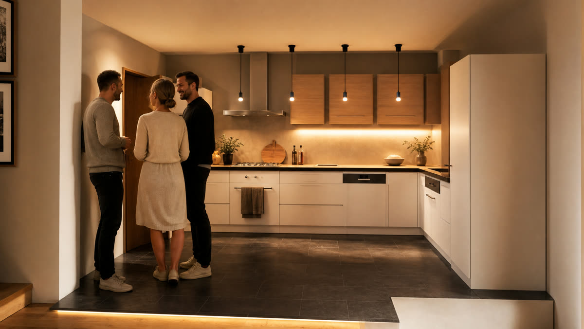 Photoreal still of the kitchen with oak upper cabinets, dark benchtop and three people in conversation