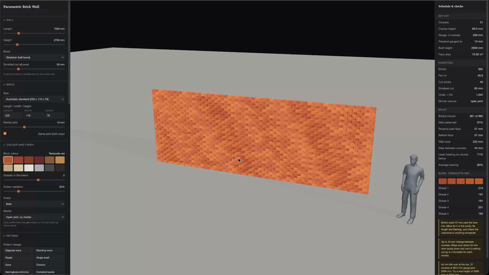 The parametric brick wall app: 3D wall in the centre, controls on the left, live schedule on the right