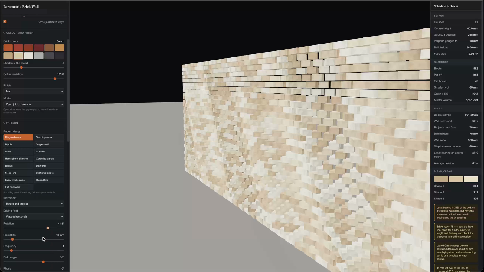 Parametric controls on the left and the live set-out, quantities and bearing checks on the right