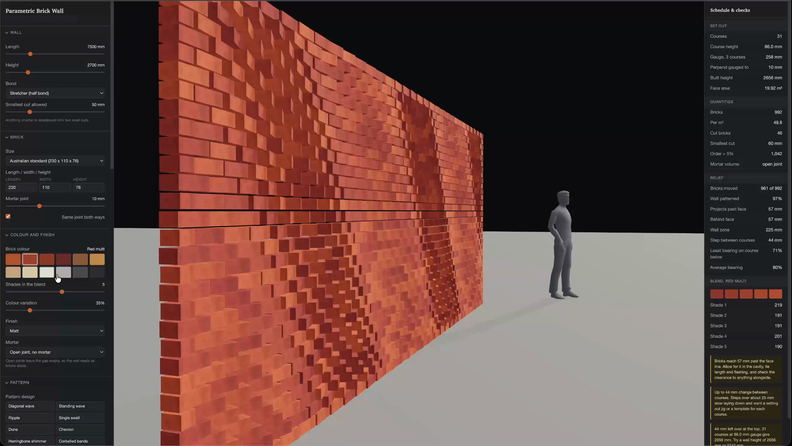 Colour and blend controls: real brick shades mixed live, with the blend listed on the right