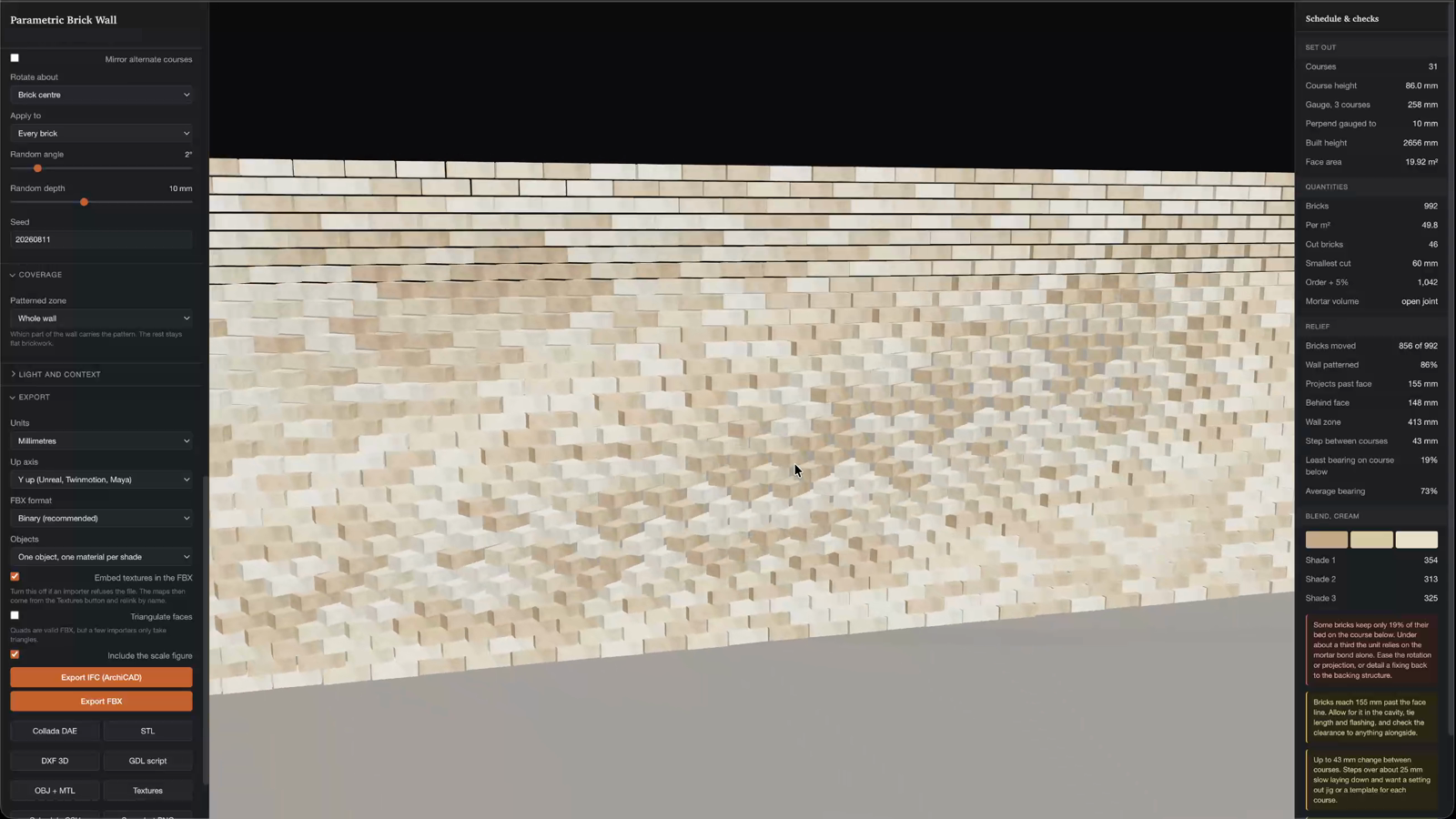 The export panel: IFC for ArchiCAD, FBX, Collada, STL, DXF, GDL and OBJ options