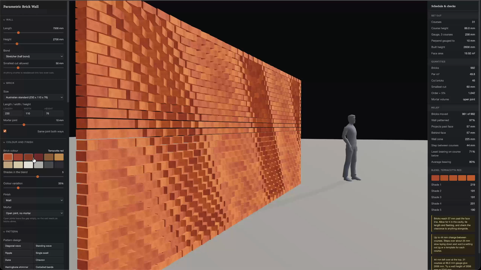 The wall pushed into deep 3D relief, bricks projecting and catching light