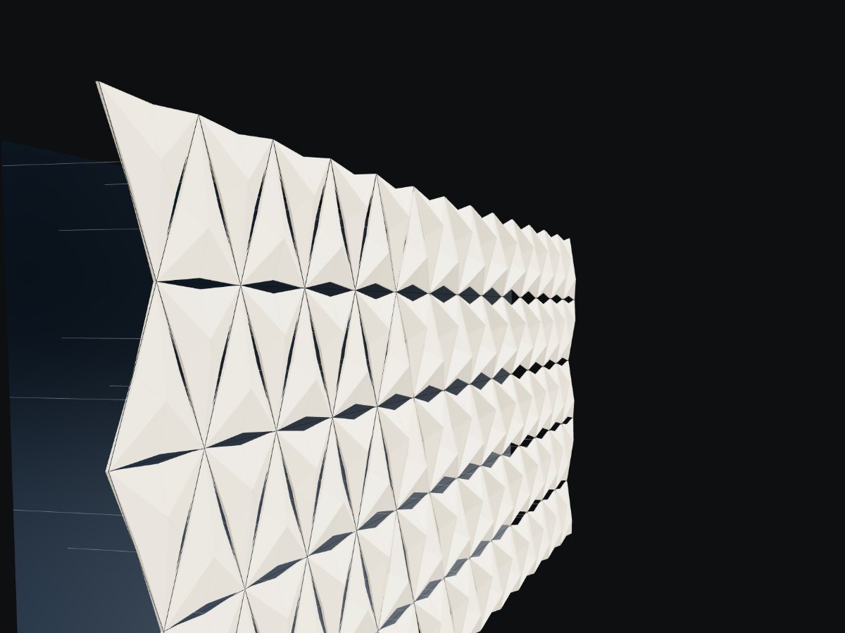 Kinetic mashrabiya screen, triangular units opening across the elevation