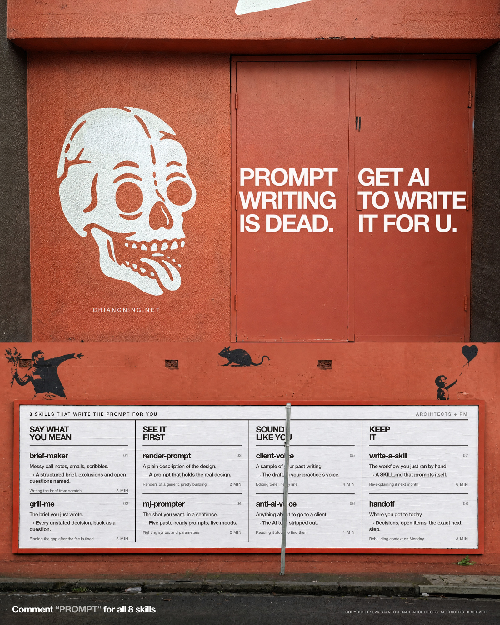 A two-panel poster. Above, a red painted wall with a white stencilled skull and a pair of red roller doors, with PROMPT WRITING IS DEAD painted on the left door leaf and GET AI TO WRITE IT FOR U. on the right. Below, a whitewashed street billboard in a matching red frame on a Banksy-stencilled wall, with eight agent skills written straight onto the board in four columns, a signpost standing in front of the writing.