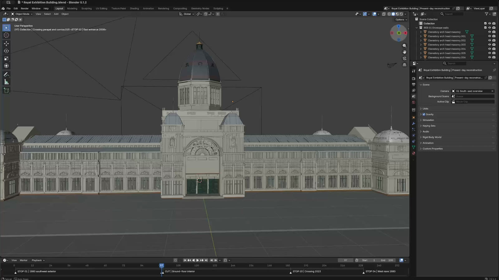 The Royal Exhibition Building model open in Blender 5.1, viewed from the south-east, with the outliner showing named envelope wall objects