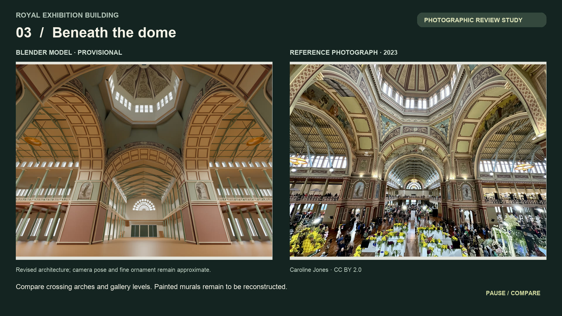 Side by side: the model looking up into the dome from the crossing next to a 2023 photograph of the same view