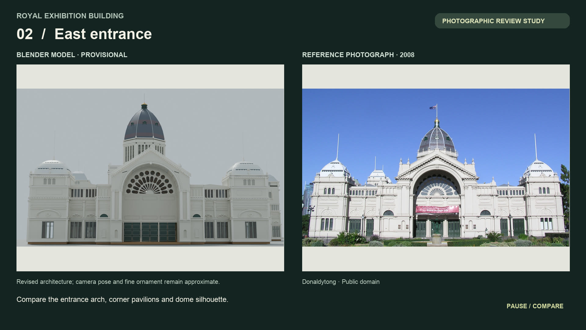 Side by side: the Blender model of the east entrance next to a 2008 photograph of the east entrance