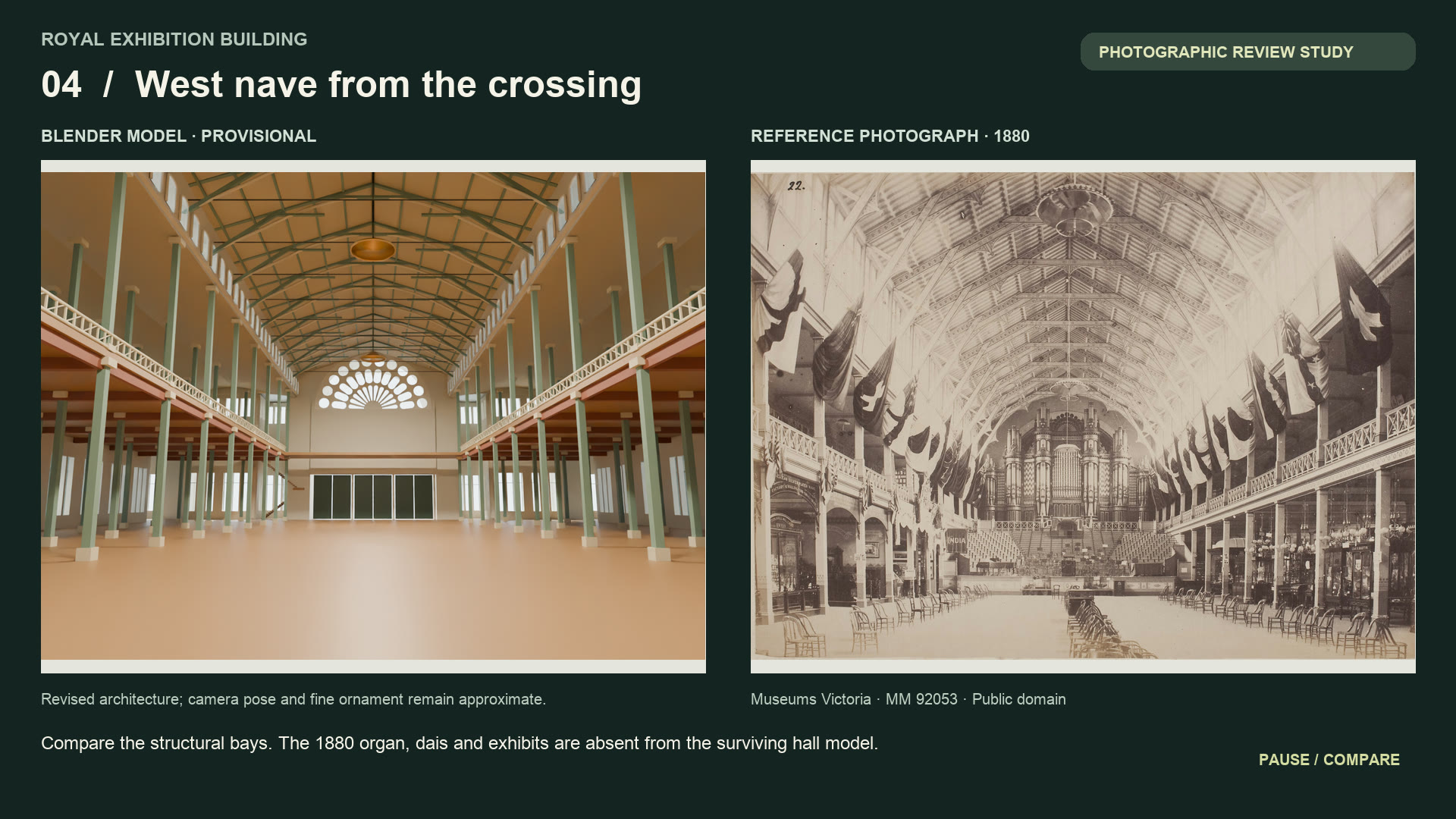 Side by side: the model of the west nave from the crossing next to an 1880 photograph of the same view with the grand organ