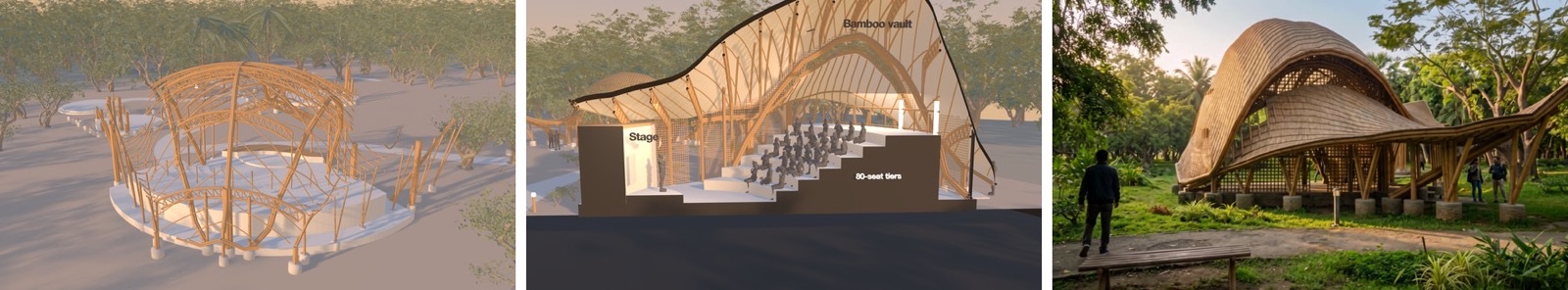 3 frames from the film: the bamboo frame growing, the auditorium in black section, and the photoreal AI ending