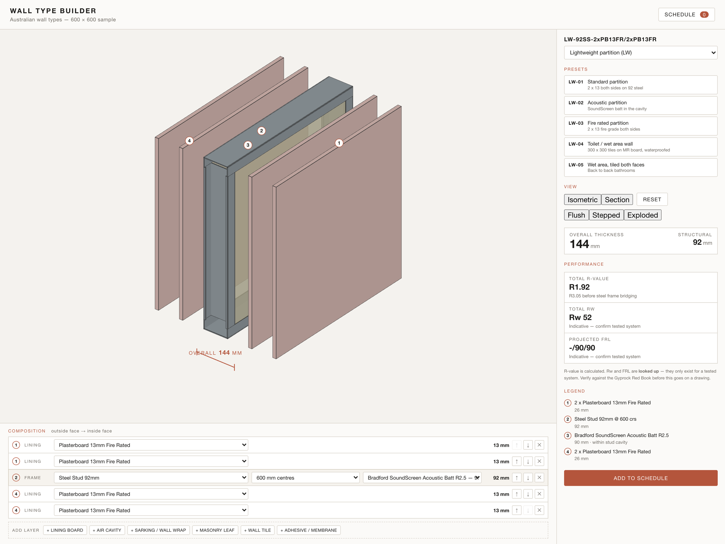 A fire rated lightweight partition shown exploded, with each board layer separated and numbered