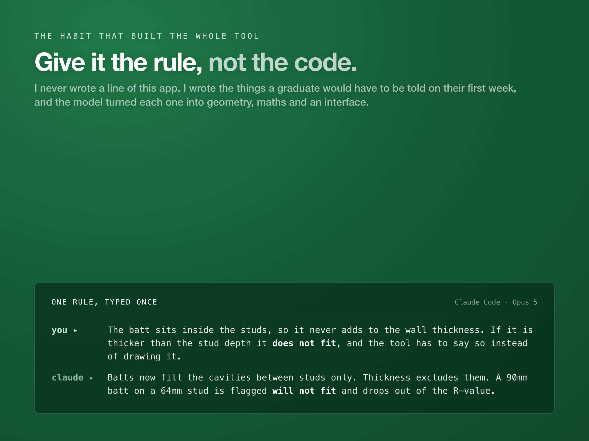 A dark terminal card reading: give it the rule, not the code