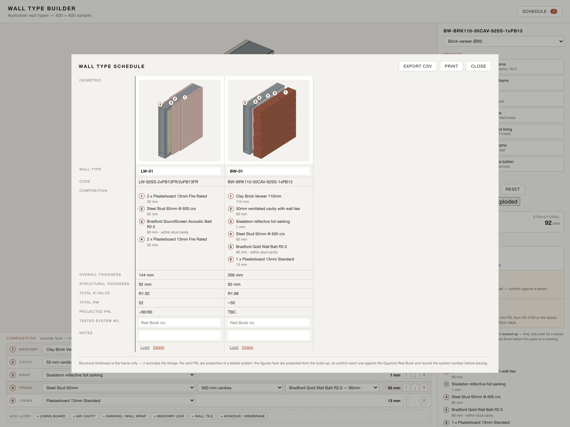 The exported wall type schedule, one column per type with isometric, composition, thicknesses and ratings