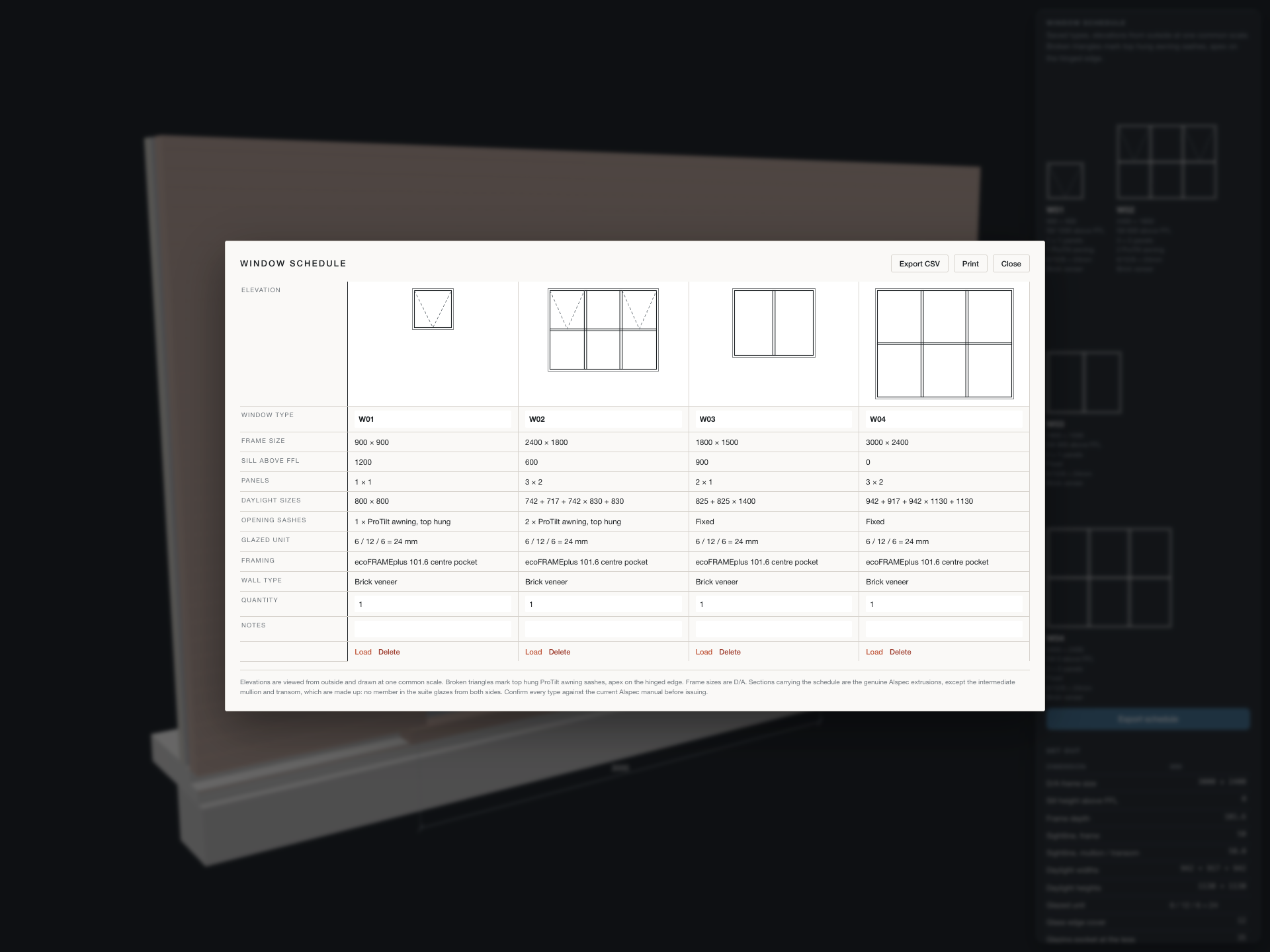 Window schedule sheet with four types, elevations at one common scale